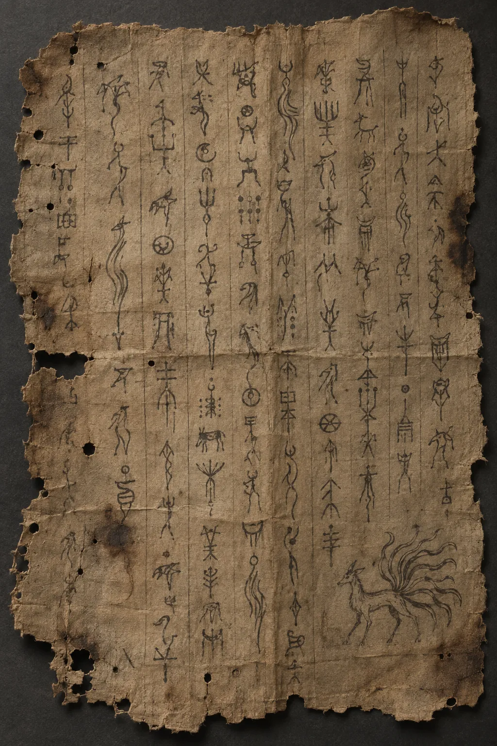 歌朝古文原本残页,竖列拟古字形歪斜,纸面有虫蚀与折损