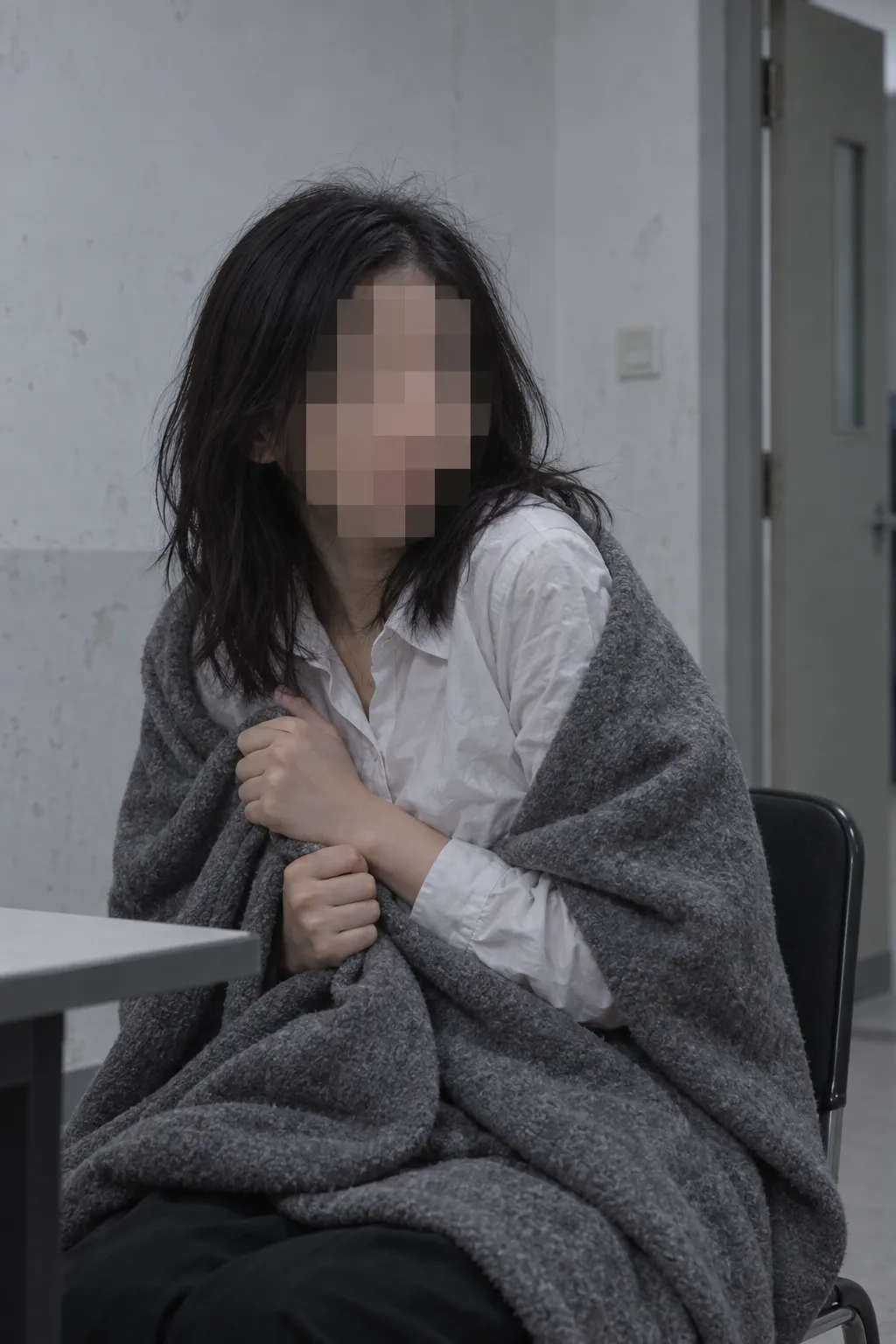 幸存学生访谈示意,精神憔悴、姿态惊恐,面部已马赛克处理